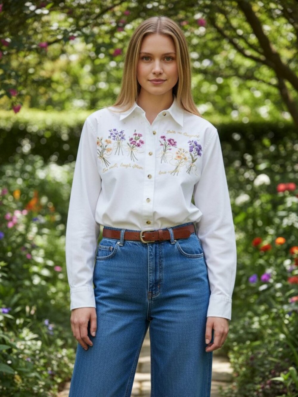 Quacker Factory Western Style Grannycore Button Down Floral White Shirt Small